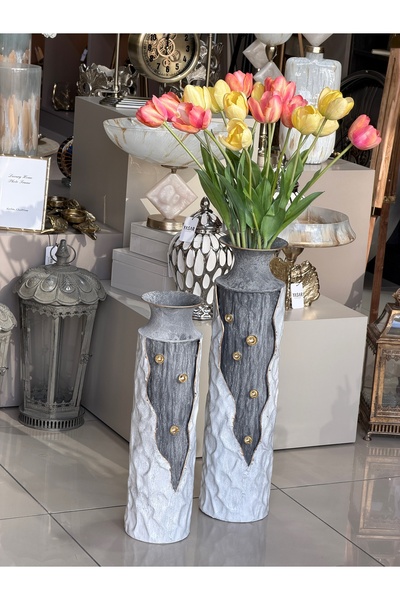 YASAR CONCEPT Craquele Metal Yer Vazosu Set 15x55 Cm ve 17x65 Cm