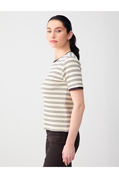 Jimmy Key Cream Color Crew Neck Short Sleeve Striped Patterned Knitted Blouse
