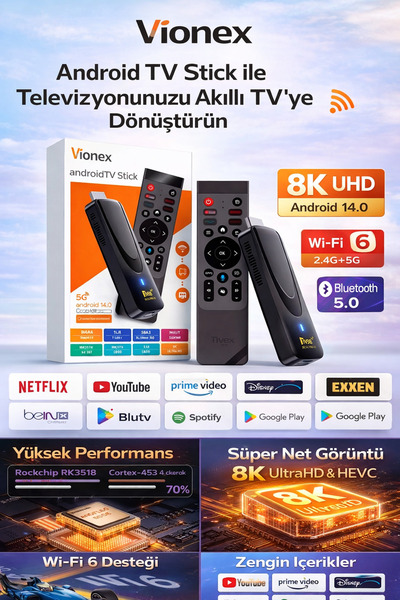 Qifit TV98 ATV Android TV Stick 2GB RAM 16GB ROM 4K WiFi 5G BT5.0 Akıllı TV Ç...