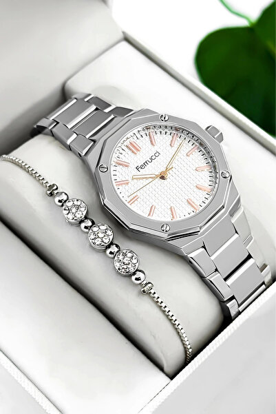 Ferrucci ساعة يد نسائية بسوار وعلبة من الفولاذ، مقاومة للماء حتى 3 ضغط جوي، ف...