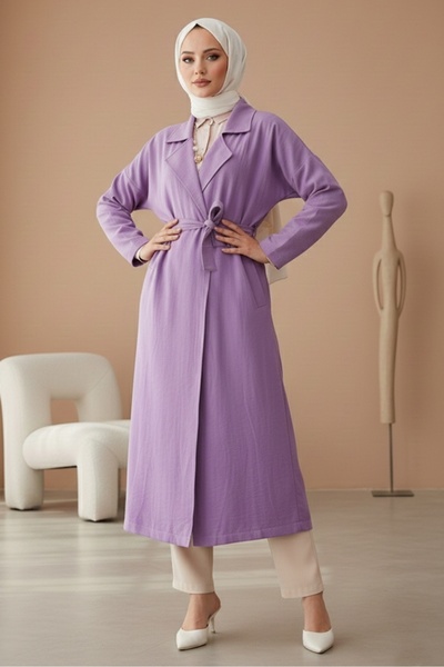 Bestenur Kruvaze Yaka Kuşaklı Ayrobin Trenç 897 - Lila