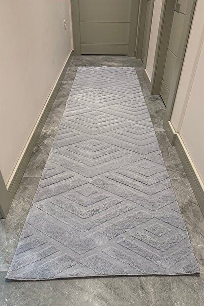 VOPTEKS Gri Peluş Yolluk Halı Kaymaz Taban Makinede Yıkanabilir Gri Peluş Halı