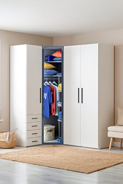 benim odam Diva 4 Kapaklı Beyaz Dolap 10 Raflı Çekmeceli Cam Kapaklı Köşe Gen...