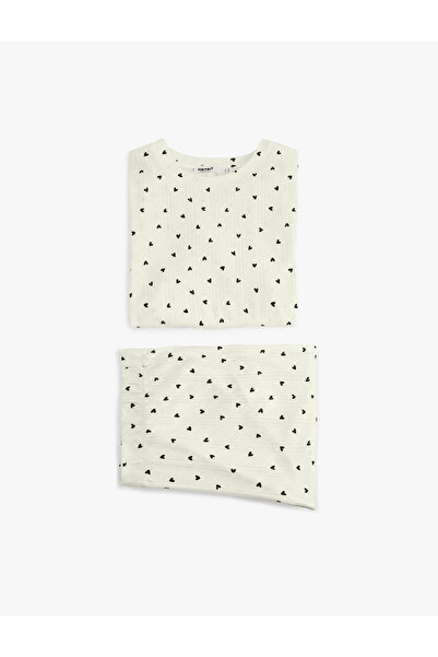 Koton Short Sleeve Crew Neck Heart Patterned Cotton Pajama Set