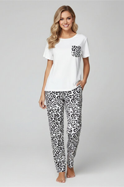 DOFİ Set pijamale cu mânecă scurtă cu imprimeu leopard pentru femei – detaliu...