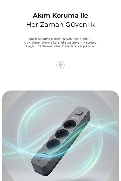 S-LINK SPG03U 1,5m 2 Usb + 1type C 750 Joule 3 Lu Akım Korumalı Prız Koyu Grı