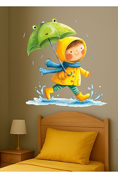 Aysha Tasarım Rain Themed Children's Room Wall Sticker – Child Running with U...