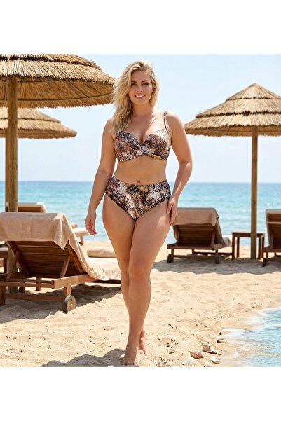 hazelin Kadın Kahverengi Leopar Desenli Astarlı Büyük Beden Bikini Takımı HZL...