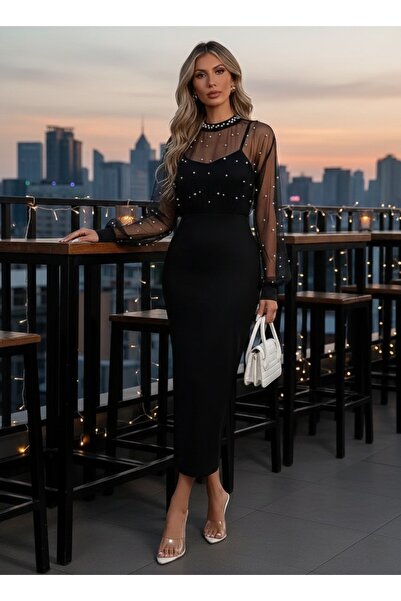 Viyamo Yeni Sezon Kadın Gece Davet Uzun Elbise Halka Yaka Tül İnci Detaylı İthal