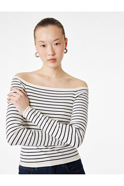 Koton Long Sleeve Boat Neck Open Shoulder Striped Knitwear Sweater