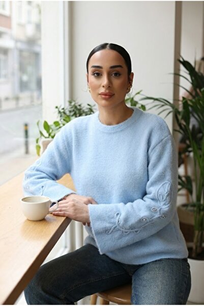 azragül giyim Crew Neck Sleeve Embroidered Knit Sweater