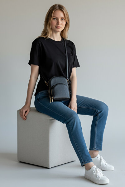 Universal Siyah Kadın Çapraz Askılı Telefon 3 Bölmeli Cüzdan Çanta