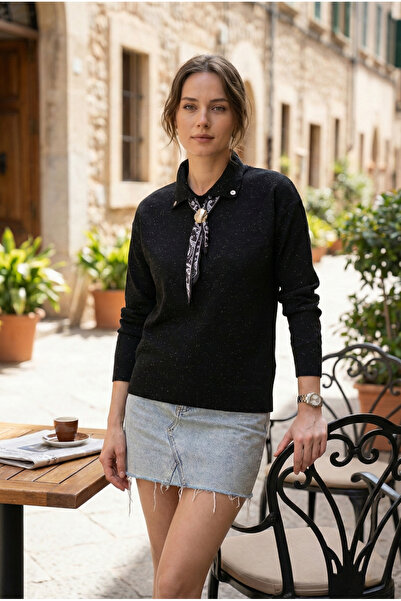 azragül giyim Women's Polo Collar Knitwear Blouse with Scarf and Brooch