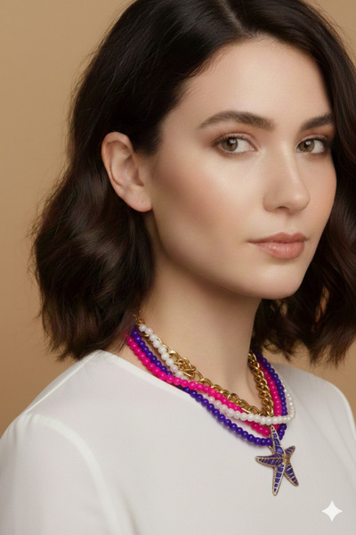 PETEK AKSESUAR Lila Mor Pembe Deniz Yıldızı Alaçatı Cam Boncuk Zincir Çoklu K...