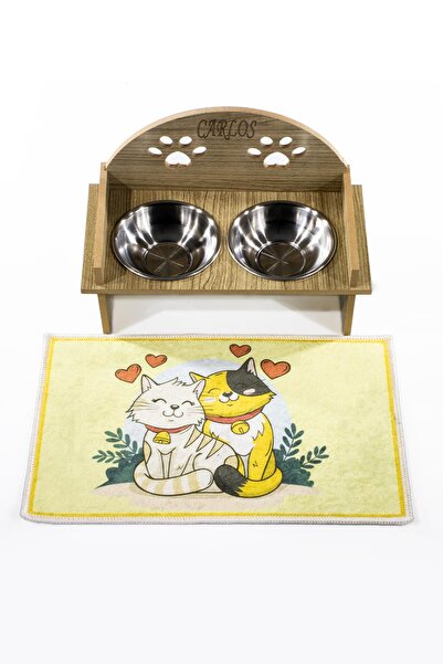 GOBYPET Ahşap Özel İsim Baskılı, Oval Kedi Köpek Mama Su Kabı Standı, Metal S...