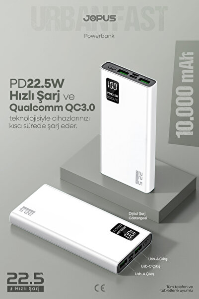 Jopus 10000mAh PowerBank PD 22.5W Hızlı Şarj - Dijital Ekranlı - Taşınabilir ...