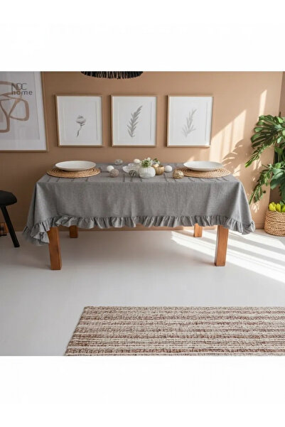 NDC HOME Grey Anthracite Linen Ruffle Tablecloth