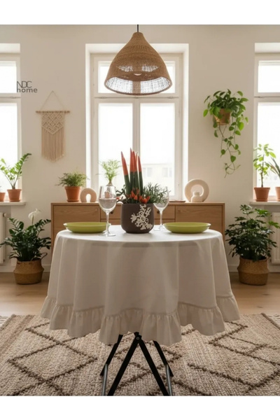 NDC HOME Raw Linen Cream Ruffled Round Tablecloth