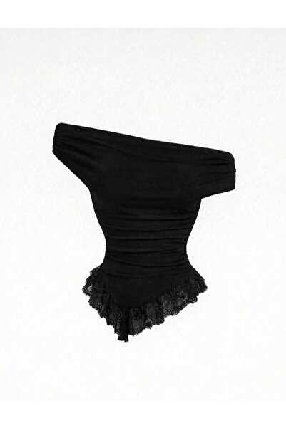 EVOA Women's Madonna Collar Tulle Detailed Gathered Asymmetrical Blouse