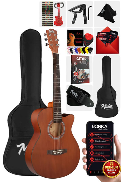 Midex Phx-187 Masif Ağaç Akustik Gitar 4/4 Yetişkin Boy (ÇANTA ASKI CAPO PENA)