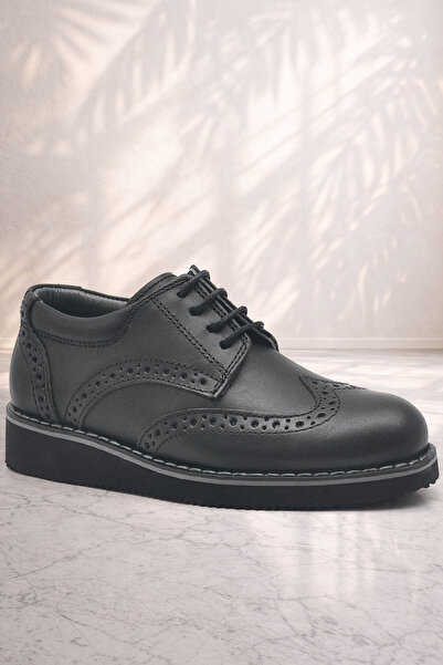 Rakerplus Hakiki Deri Bağcıklı Siyah Erkek Çocuk Klasik Okul Ayakkabı