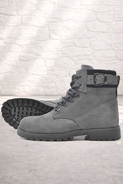 Rakerplus Γνήσιες δερμάτινες γκρι μπότες με φερμουάρ και κορδόνια