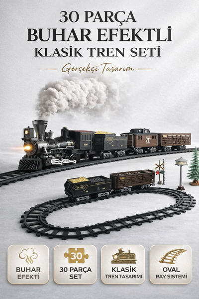 YILDIRIM OYUNCAK Buharlı Işıklı Ve Sesli Pilli Klasik Tren Seti 30 Parça