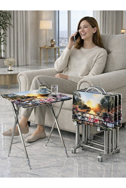 Boboco 4'lü Katlanır Cam Beyaz Mermer Desen Gold Detay Çanta Zigon Sehpa Krom...