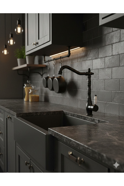 FAUMIX Siyah Rustik Döner Borulu 2 Yıl Garantili Mutfakbataryası