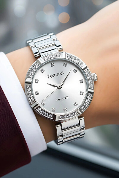 Ferrucci Steel Cord Stone Case Women Wrist Watch Silver Sdfer183