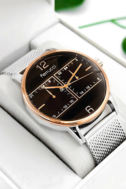 Ferrucci ساعة يد رجالية بسوار فولاذي فضي ووردي مع هدية 3atm Sdfer173