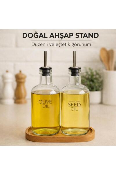 ZenGlow Cam Yağdanlık Seti 2’li – Ahşap Standlı Zeytinyağı & Sirkelik – Damla...