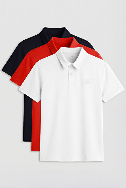 TOMMY LIFE Standard Fit Basic Polo Collar 3-Pack White-Navy Blue-Red Men's T-...
