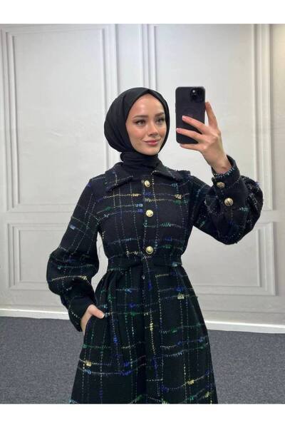 Esre Store 4449 - Renk Detaylı Tesettür Kaban Mavi