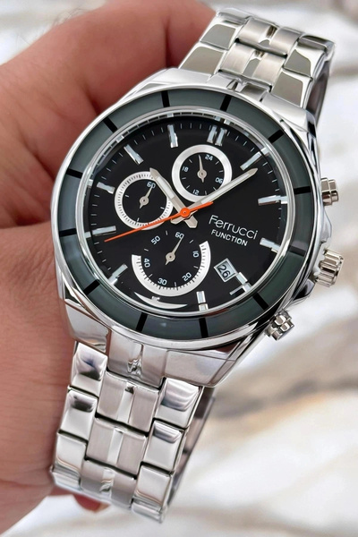 Ferrucci Function Men Wrist Watch Silver-Black Steel Band 3Atm Water Resistan...