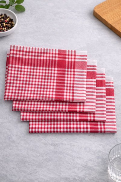 LilaMOON Cotton Red Colored Checkered 4-Piece Napkin, Drying Cloth, Feeding Mat