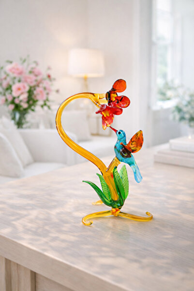 ADAMODART Sinek Kuşu Ve Kırmızı Çiçek Temalı El Yapımı Cam Biblo