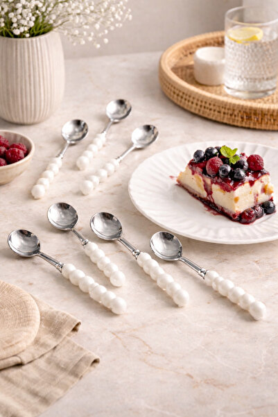 Anadolu Saray 6 Pieces White Plastic Silver Dessert Spoon Set with Pearl Ston...