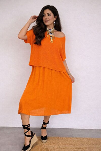 AGORATEKSTİL Women's Italian Mesh Linen Dress