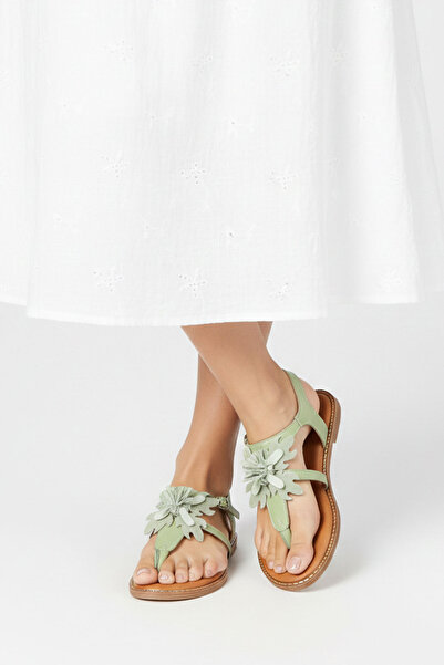 Deriderim صندل نسائي من جلد الغزال الأصلي مزين بالزهور باللون الأخضر - نعل فل...