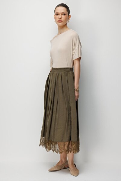 Mixray 4806 Kadın Dantel Detaylı Modal Etek Haki