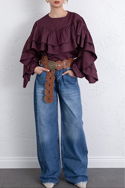 Modamorfo Flounce Sleeve Elastic Blouse -Plum