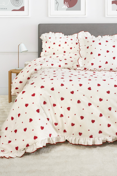 DB Комплект двойно спално бельо 100% памук RED HEARTED Декоративно оверлок с ...