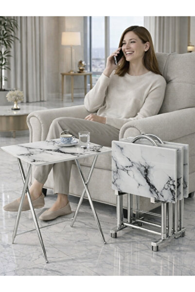 Boboco 4'lü Katlanır Cam Beyaz Mermer Desen Gold Detay Çanta Zigon Sehpa Krom...