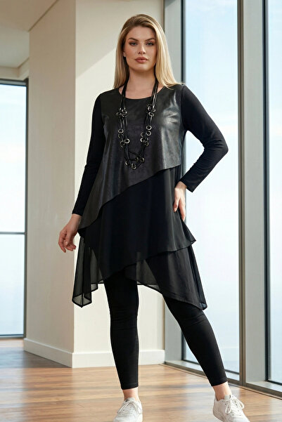 MODANİCE تونيك غير متماثل مزين بالجلد والشيفون من الأمام