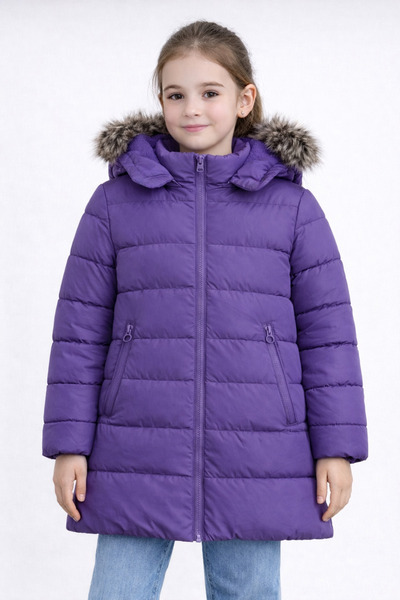 REGOS معطف أرجواني منتفخ للفتيات بغطاء رأس موديل شتوي طويل من الفرو