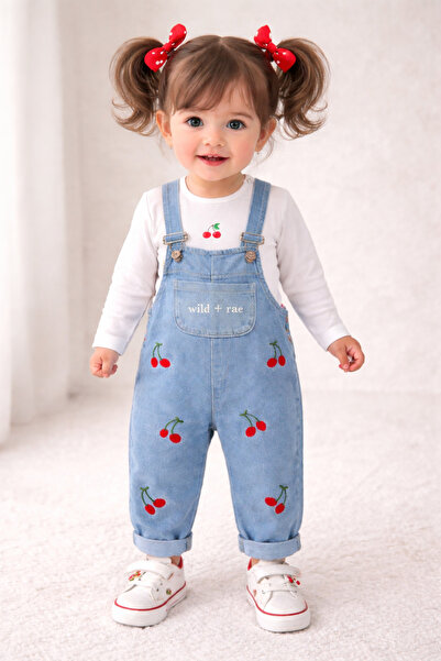 Baby Buu Cherry Patterned Salopet Jeans Bottom and Top Sets 320