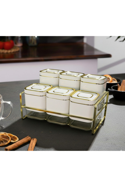 Evren 6 Parça Kare Vakum Kapaklı Cam Baharatlık Seti ve Metal Stant, Baharat ...