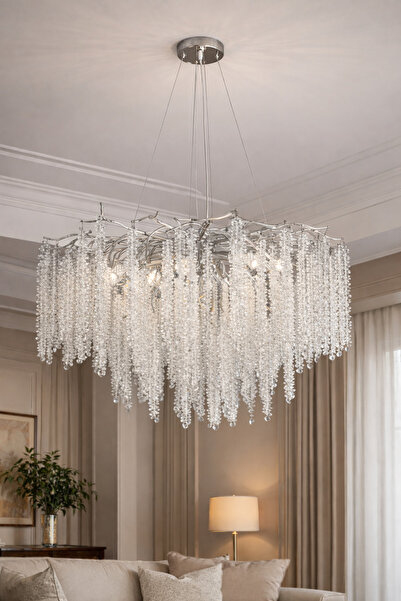 Avize YENİ 80 CM KRİSTAL LÜX SALON KROM İTHAL KASA