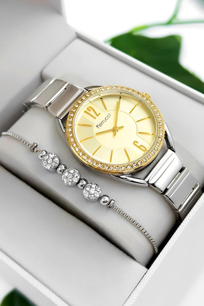 Ferrucci Steel Cord & Case Women Wrist Watch, 3Atm Water Resistant Silver-Gol...